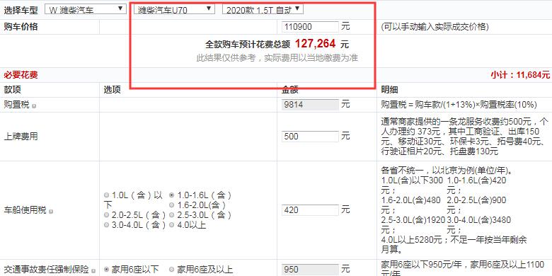 潍柴U70自动智享旗舰版全款大概落地价多少钱？